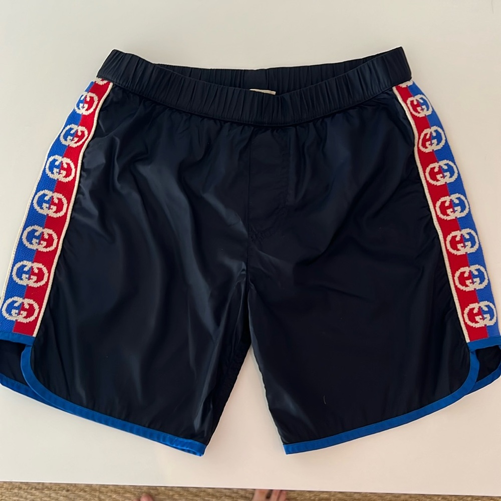 Gucci Navy Swim Shorts with Red and Blue Trim
